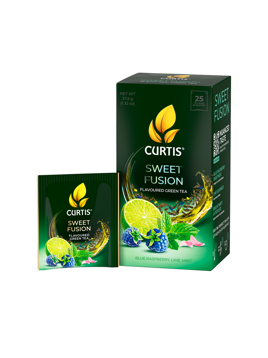 Ko‘k choy paketchali Curtis "Sweet Fusion" laym, ko‘k malina va yalpiz bilan, 25 paket
