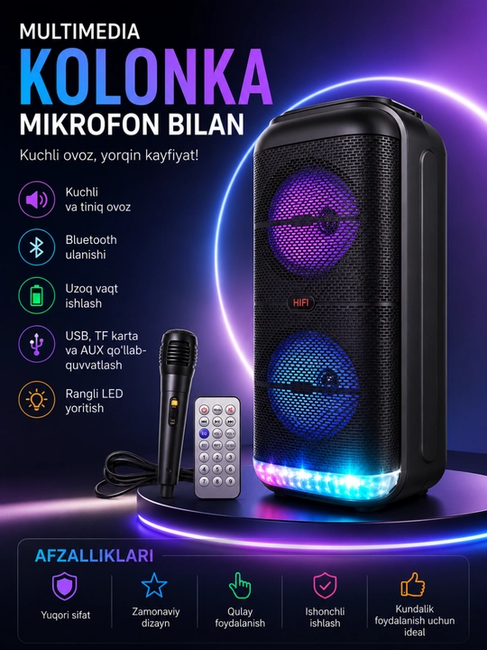 3000W Premium Bluetooth Karaoke Kolonkasi, RGB LED, Mikrofon va USB/TF Qo‘llab-quvvatlash - 