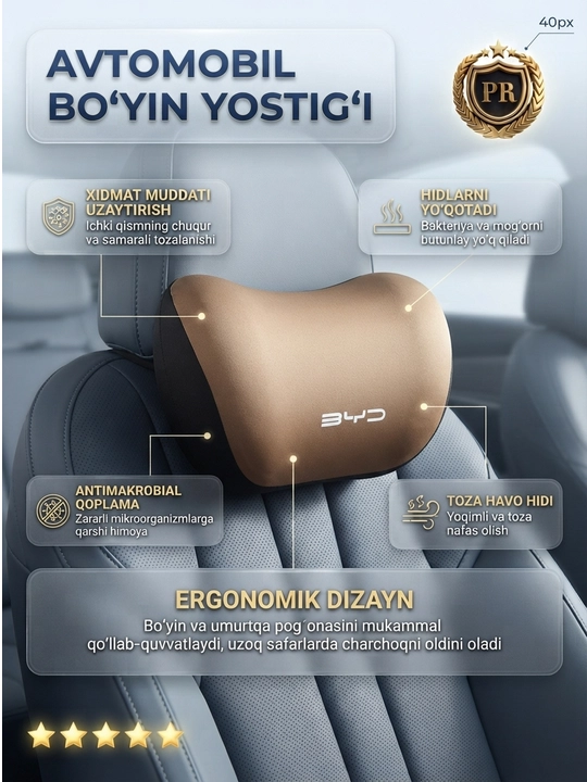 BYD avtomobillari uchun bo'yin yostiqchasi, xotira effektli va nafas oluvchi