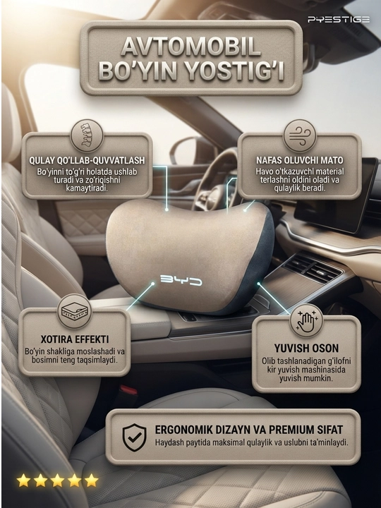 BYD avtomobillari uchun bo'yin yostiqchasi, xotira effektli va nafas oluvchi