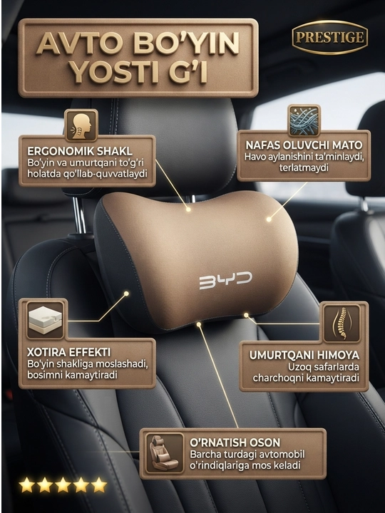 BYD avtomobillari uchun bo'yin yostiqchasi, xotira effektli va nafas oluvchi