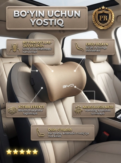 BYD avtomobillari uchun bo'yin yostiqchasi, xotira effektli va nafas oluvchi - 