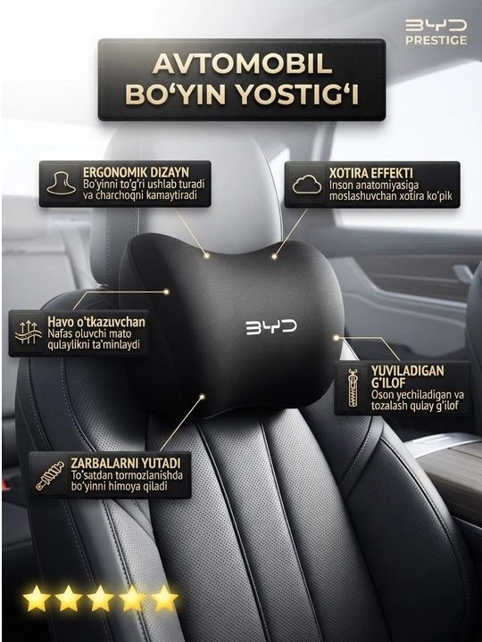 BYD avtomobillari uchun bo'yin yostiqchasi, xotira effektli va nafas oluvchi