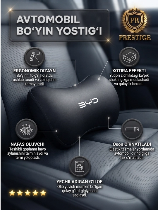 BYD avtomobillari uchun bo'yin yostiqchasi, xotira effektli va nafas oluvchi - 