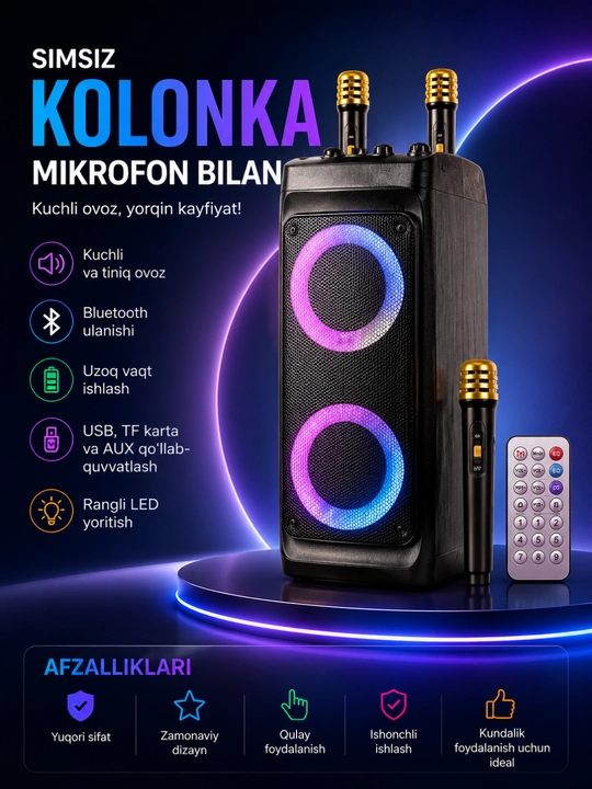 3000W Bluetooth Karaoke Kolonkasi, RGB LED, 2 ta Simsiz Mikrofon va Pult bilan - 