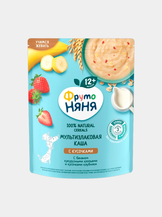 Каша мультизлаковая молочная ФрутоНяня с бананом, кукурузными хлопьями и кусочками клубник, 190 г - 