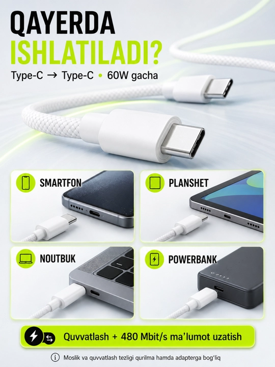 Type-C кабель для зарядки, 60W, 1 м