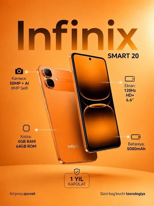 Смартфон Infinix Smart 20 4GB/128GB NFC, экран 120Гц, аккумулятор 5000 мАч