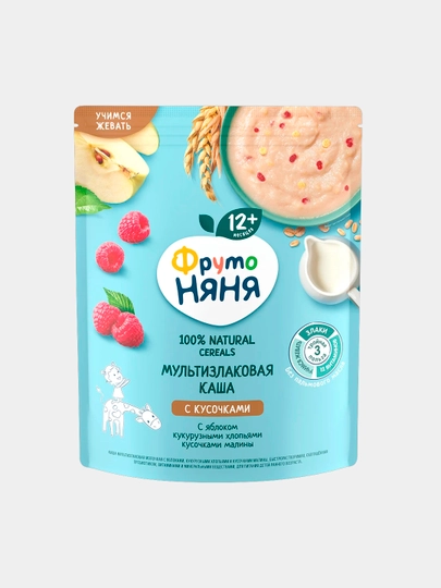 Каша мультизлаковая молочная ФрутоНяня с яблоками, кукурузными хлопьями и кусочками малины, 190 г - 