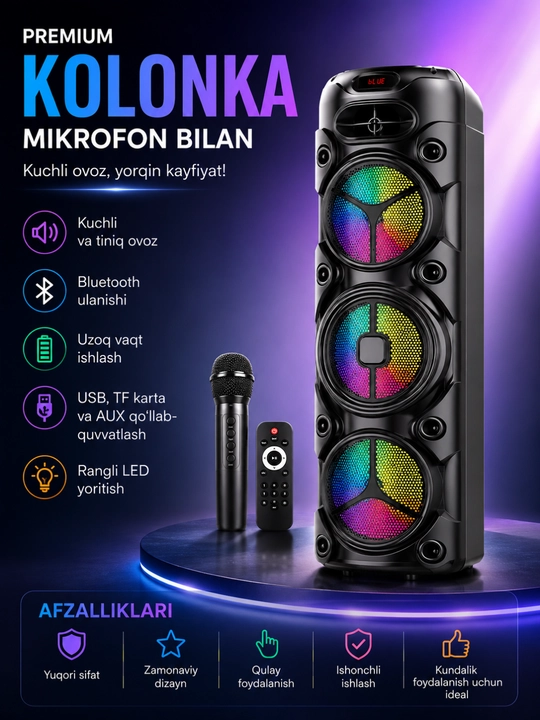 6000W Premium Bluetooth Karaoke Kolonkasi, Simsiz Mikrofon va Pult bilan RGB LED - 