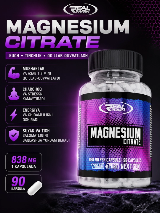 Real Pharm magniy sitrati kapsulalarda — asab tizimi, mushaklar va charchoqni kamaytirish