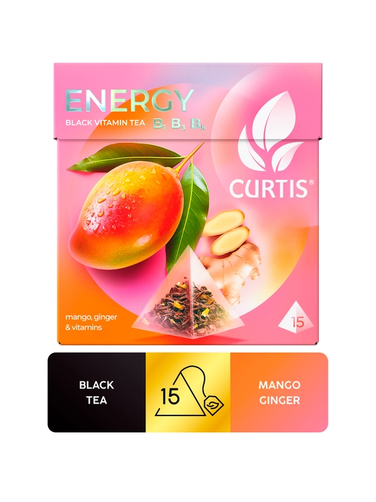 Чай черный Curtis "Energy" с ароматом манго, кусочками имбиря и витаминами В1, В3, В5, 15 пирамидок - 