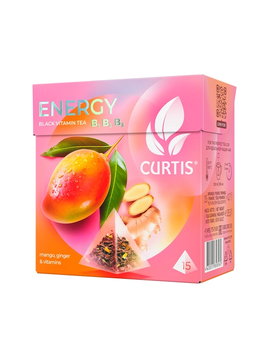 Чай черный Curtis "Energy" с ароматом манго, кусочками имбиря и витаминами В1, В3, В5, 15 пирамидок