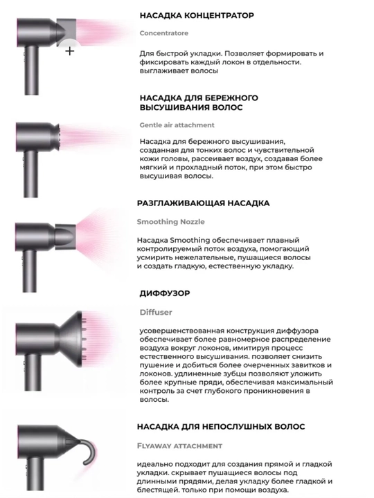 Фен для волос профессиональный 3000 Вт, скоростей 4, кол-во насадок 5, розовый