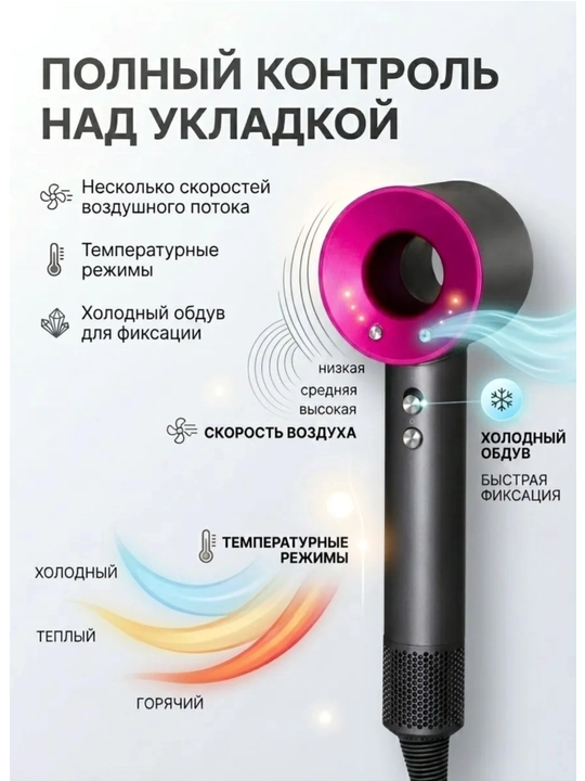 Фен для волос профессиональный 3000 Вт, скоростей 4, кол-во насадок 5, розовый