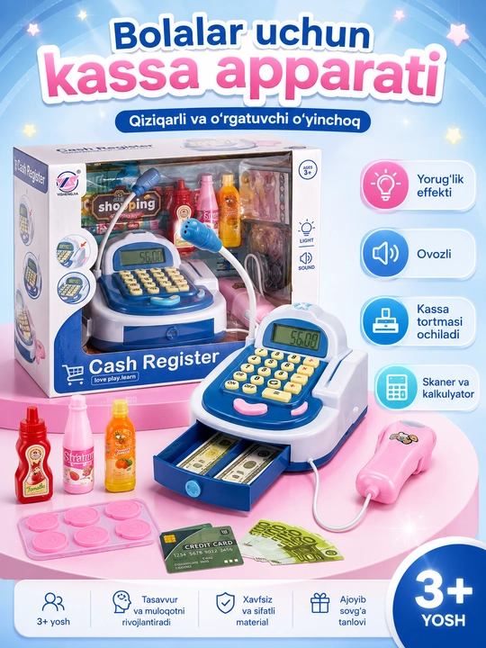 Bolalar uchun o‘yinchoq kassa apparati, skaner va mikrofonli, 3+ - 