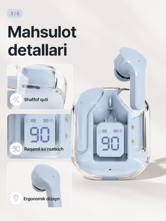 Simsiz Bluetooth quloqchinlar, displeyli zaryadlash qutisi bilan