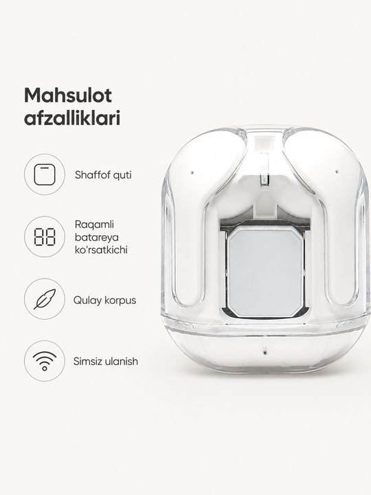 Simsiz Bluetooth quloqchinlar, displeyli zaryadlash qutisi bilan