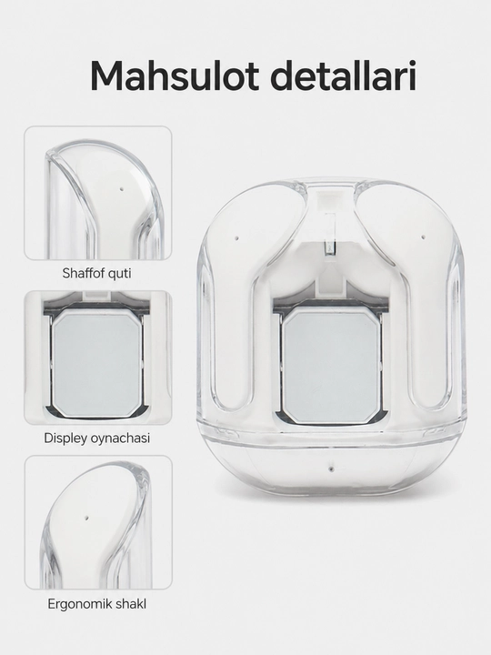 Simsiz Bluetooth quloqchinlar, displeyli zaryadlash qutisi bilan