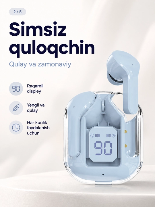 Simsiz Bluetooth quloqchinlar, displeyli zaryadlash qutisi bilan