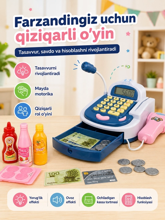 Детская игрушечная касса со сканером и микрофоном, свет и звук, 3+