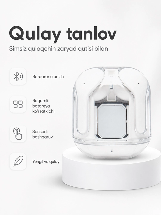 Simsiz Bluetooth quloqchinlar, displeyli zaryadlash qutisi bilan