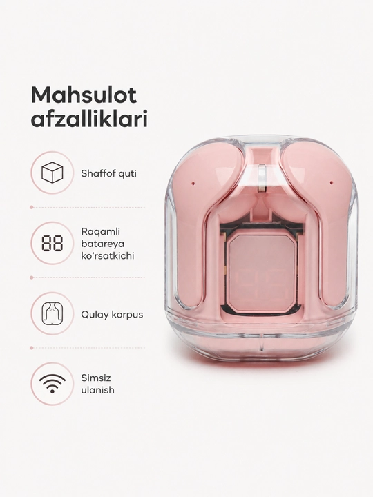 Simsiz Bluetooth quloqchinlar, displeyli zaryadlash qutisi bilan