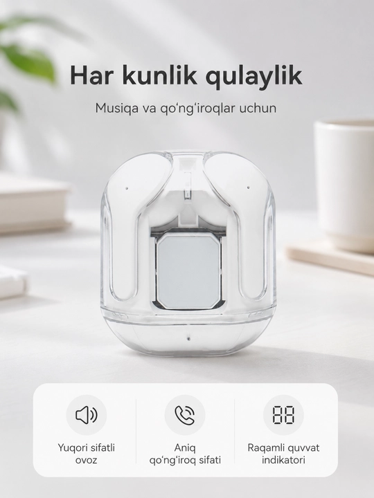 Simsiz Bluetooth quloqchinlar, displeyli zaryadlash qutisi bilan