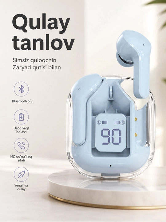 Simsiz Bluetooth quloqchinlar, displeyli zaryadlash qutisi bilan