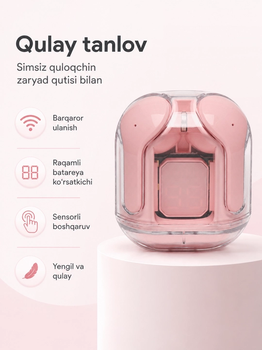 Simsiz Bluetooth quloqchinlar, displeyli zaryadlash qutisi bilan