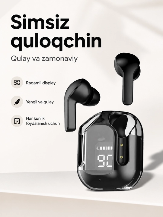 Simsiz Bluetooth quloqchinlar, displeyli zaryadlash qutisi bilan