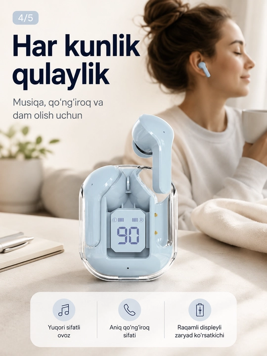 Simsiz Bluetooth quloqchinlar, displeyli zaryadlash qutisi bilan