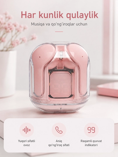 Simsiz Bluetooth quloqchinlar, displeyli zaryadlash qutisi bilan