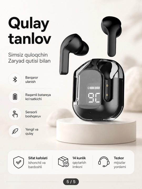 Simsiz Bluetooth quloqchinlar, displeyli zaryadlash qutisi bilan