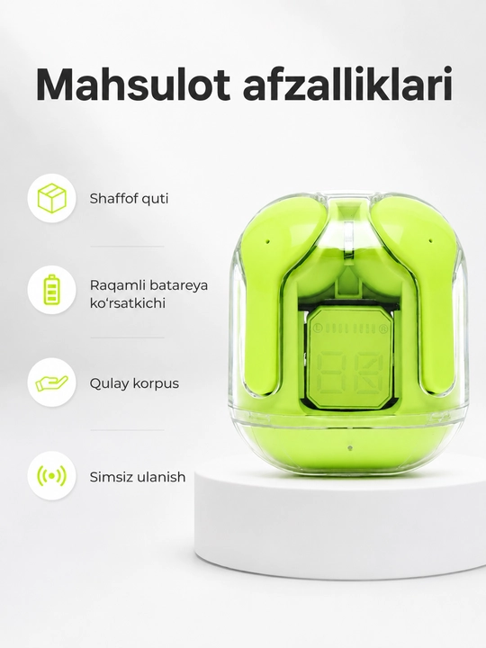 Simsiz Bluetooth quloqchinlar, displeyli zaryadlash qutisi bilan