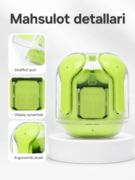 Simsiz Bluetooth quloqchinlar, displeyli zaryadlash qutisi bilan