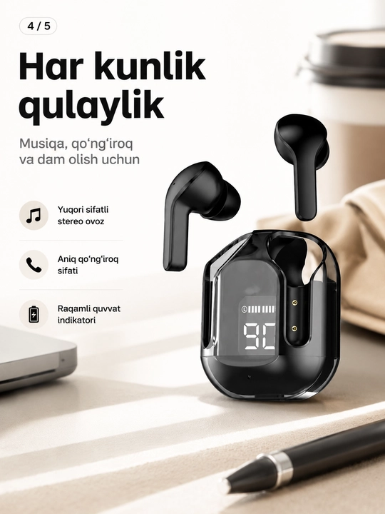 Simsiz Bluetooth quloqchinlar, displeyli zaryadlash qutisi bilan