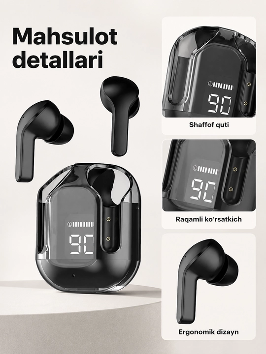 Simsiz Bluetooth quloqchinlar, displeyli zaryadlash qutisi bilan
