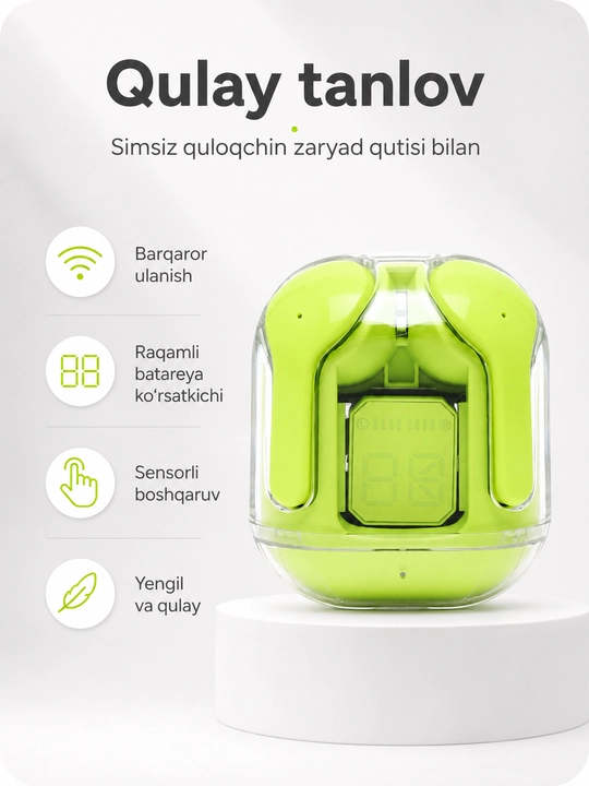 Simsiz Bluetooth quloqchinlar, displeyli zaryadlash qutisi bilan