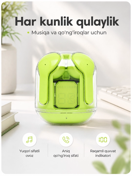 Simsiz Bluetooth quloqchinlar, displeyli zaryadlash qutisi bilan