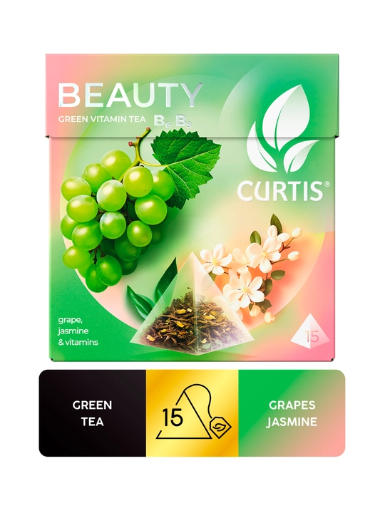 Чай зеленый Curtis "Beauty" с кусочками винограда и витаминами В6, В9, 15 пирамидок - 