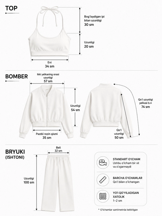 Ayollar uchun uch qismli sport komplekti, bomber, top va keng shim