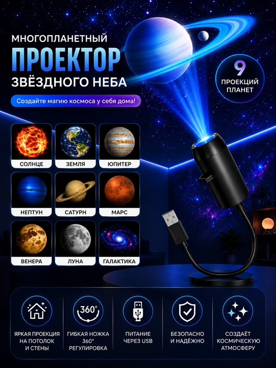 Светодиодный проектор планет и галактики, 9 проекций, USB, с гибкой подставкой 360° - 