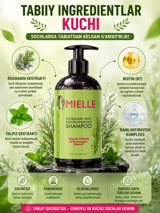 Mielle Rosemary Mint Strengthening Shampoo 430 ml – Biotinli mustahkamlovchi shampun - 