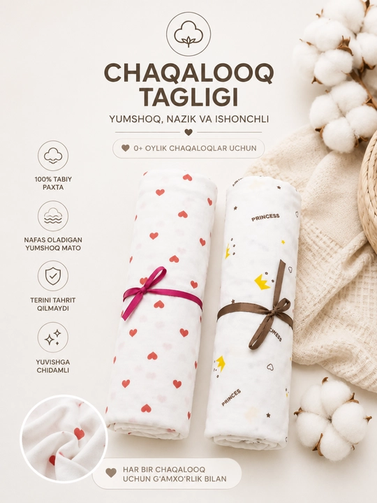 Chaqaloq tagligi 2 dona 100% paxta yumshoq o'rama taglik yangi tug'ilgan chaqaloq uchun