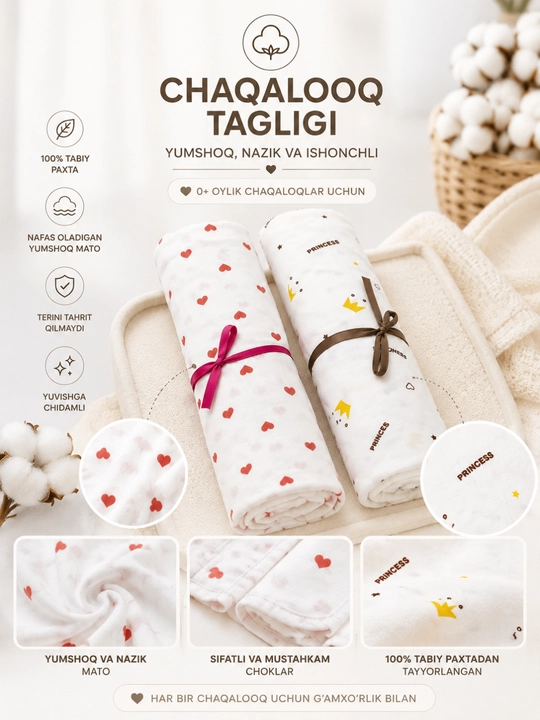 Chaqaloq tagligi 2 dona 100% paxta yumshoq o'rama taglik yangi tug'ilgan chaqaloq uchun