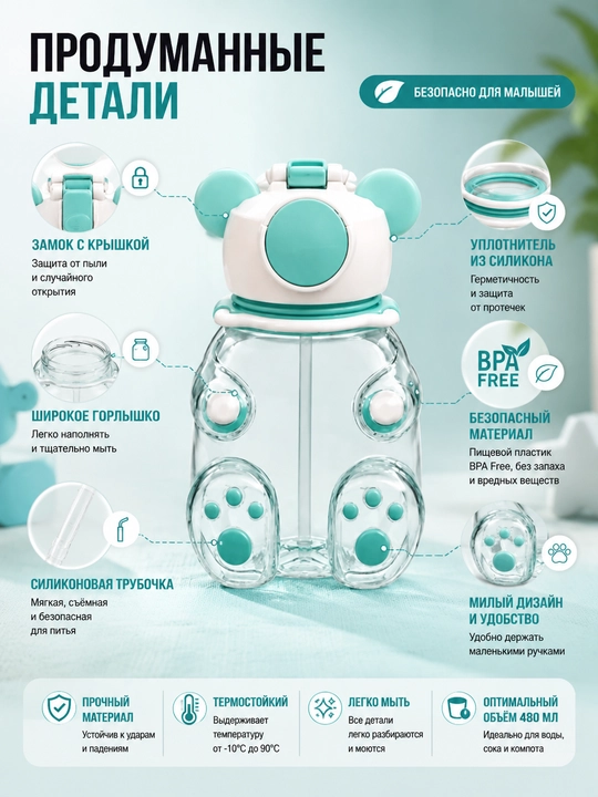 Бутылка для воды детская 480 мл, поильник, бутылка для школы, BPA Free