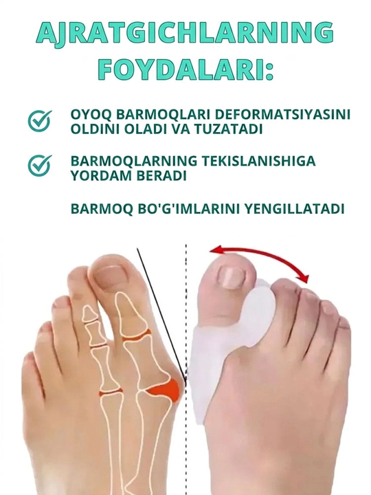 Oyoq katta barmoq uchun silikon ortopedik korrektor, barmoq ajratgich, to'plamda 2 dona