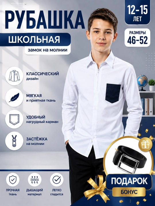 Школьные рубашки с длинным и коротким рукавом для мальчиков (5–9-е классы, размеры 46–52)