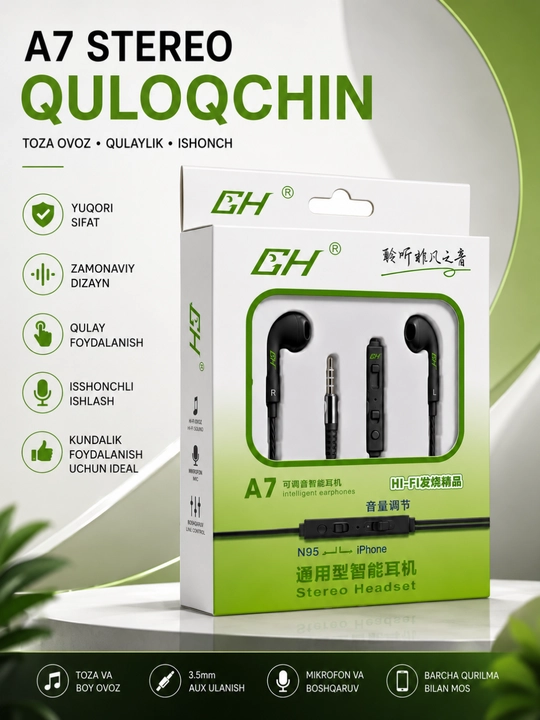 A7 stereo simli naushnik mikrofonli 3.5 mm quloqchin android va iphone qurilmalari uchun - 